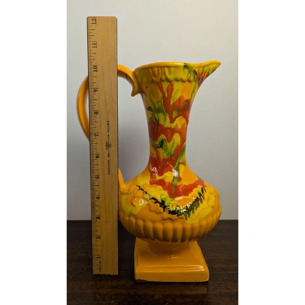 Vintage MCM Psychedelic Drip Glaze Ewer Vase Orange Retro Atomic Pottery 931 USA